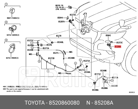 85208-60080 - Форсунка омывателя фары левая (TOYOTA) Toyota Land Cruiser Prado 150 рестайлинг 2 (2017-2020) для Toyota Land Cruiser Prado 150 (2017-2020) рестайлинг 2, TOYOTA, 85208-60080